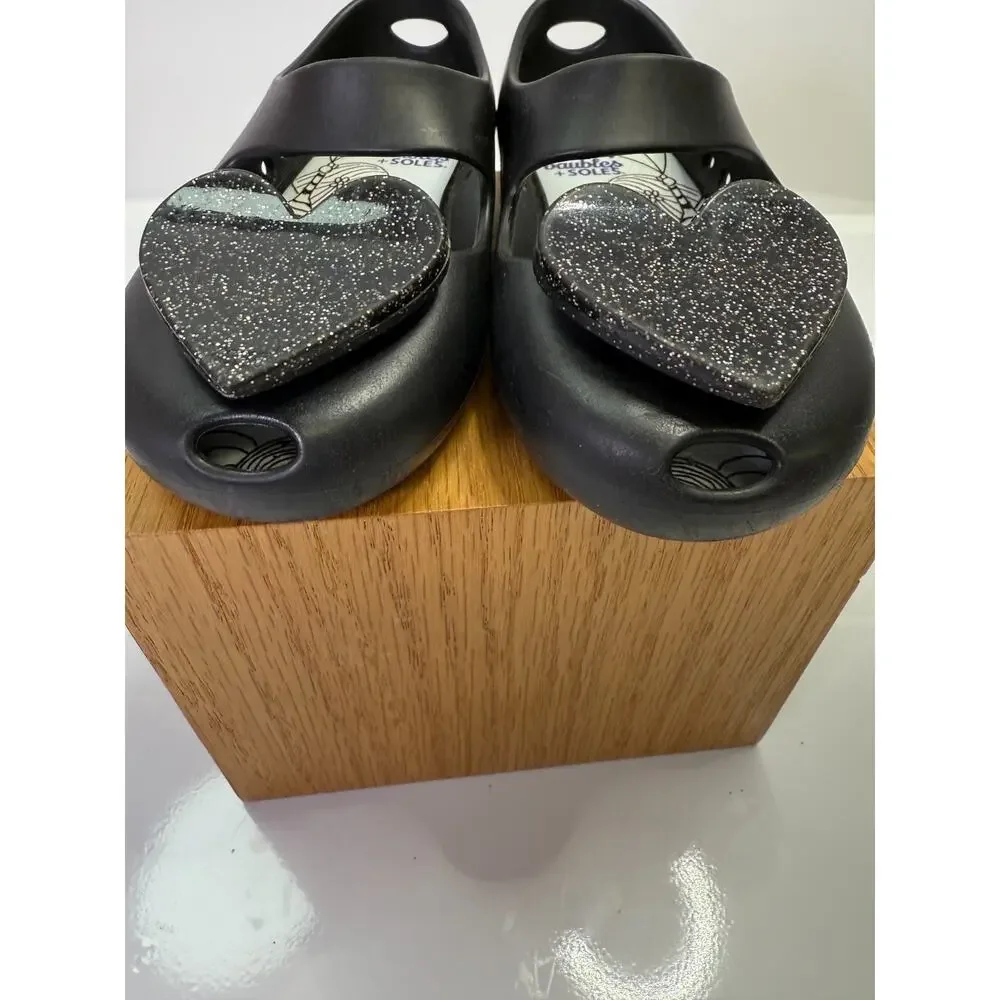 Baubles + Soles Black Heart Jelly Shoes Glitter Slip On Mary Jane Kids Size 8
